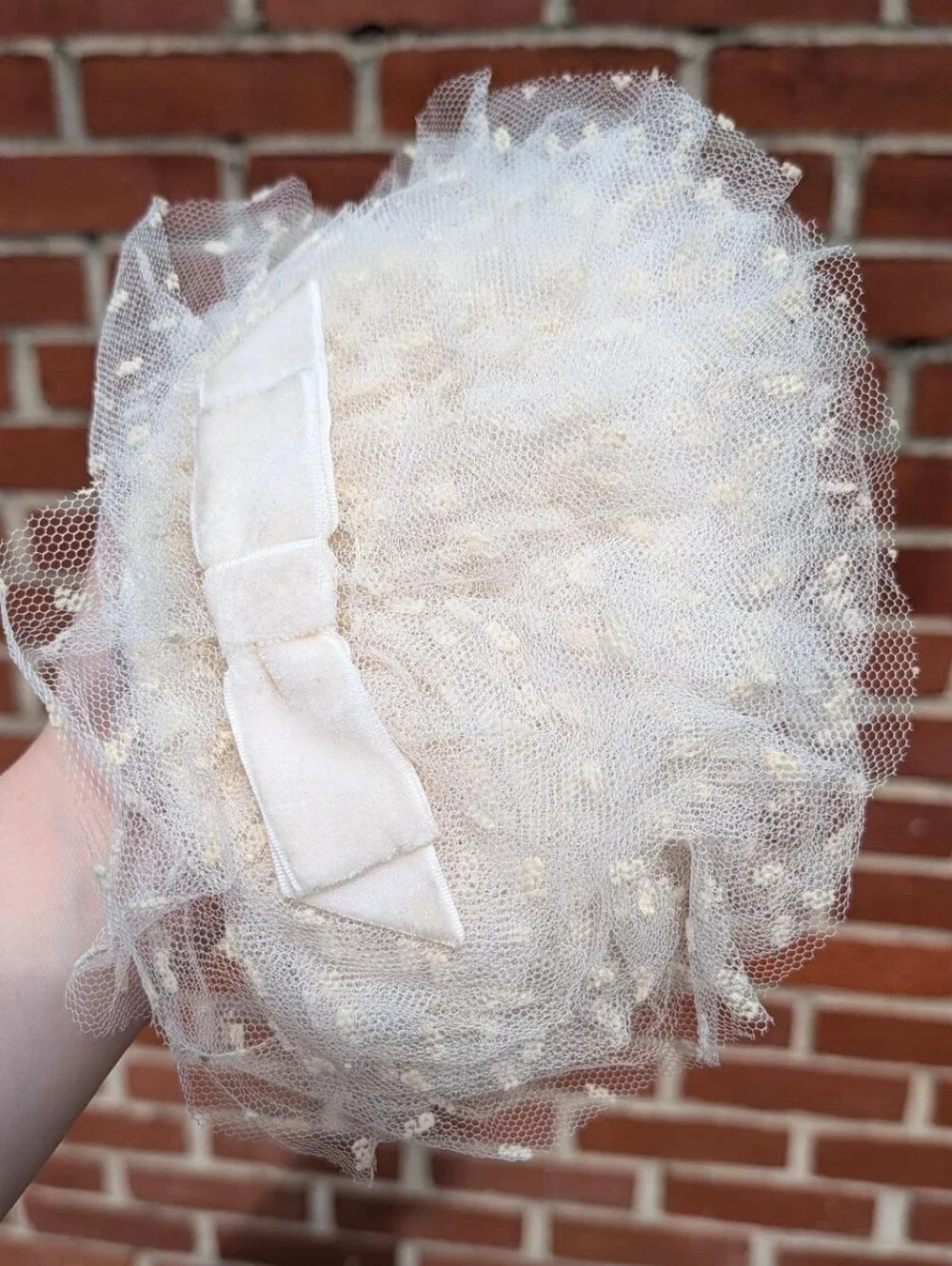 True Vintage Cream White Swiss Dot Chiffon Fascinator with Velvet Bow